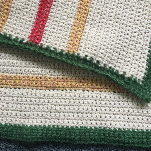 Hand Crocheted Square Cream Yellow Red Green Striped Mat Rug - Picture 10 of 16